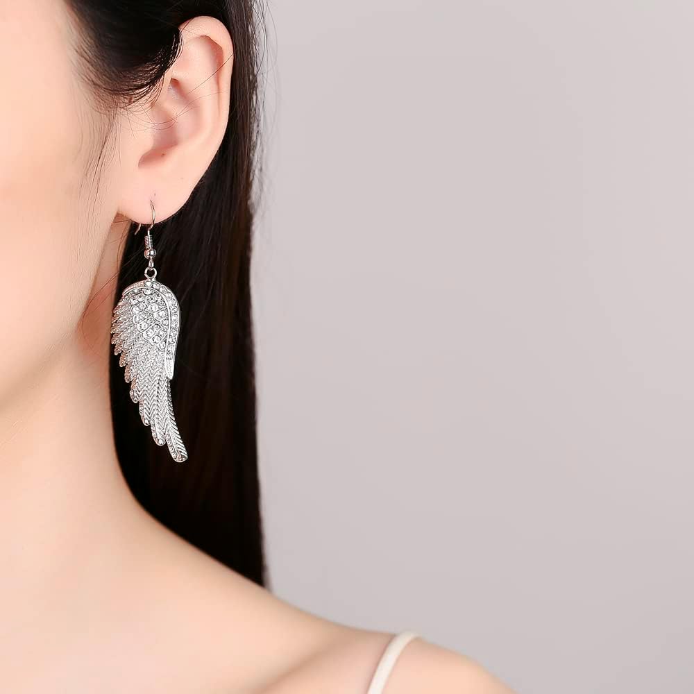 Angel Wings Dangle Earrings for Women Unique Rhinestones Copper Fairy Feather Guardian Dangle Drop Hook Womens Dangling Earrings Silver Plated Jewelry - Image 3