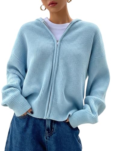 Image of SOLY HUX Zip Up Cardigan for Women Hooded Cardigan Sweater Knitted Drop Shoulder Fall Clothes Winter Hoodies Outerwear