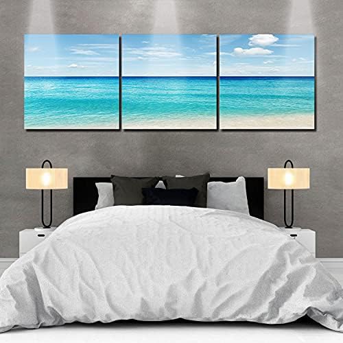 Canvas Wall Art Decor for Bedroom, Summer Ocean Coast Sunny Beach Blue Sky White Clouds Framed Oil Painting Pictures Modern Artwork Canvas Prints for Kitchen Living Room Bathroom