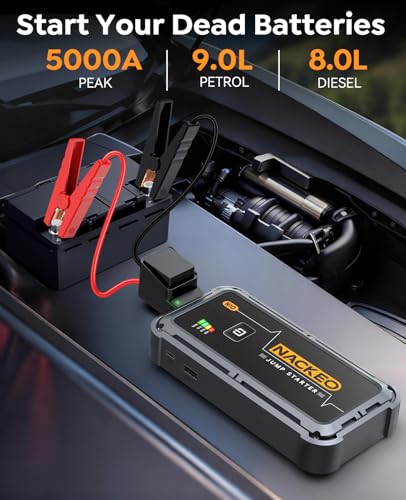 NACKEO Portable Car Battery Jump Starter 5000A Car Jump Starter Battery Pack (9.0L Gas/8.5L Diesel), 12V Jump Box Car Battery Jumper Starter Portable Jumper Cables, Fast Charge, Lights, Compact