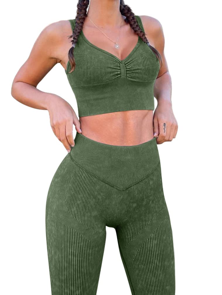 Athletic Outfits for Women 2 Piece Acid Wash Ribbed High Waist Leggings Crop Top With Sports Bra Exersicse Set