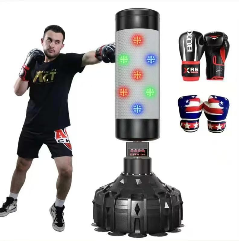 Music Punching Bag 69 with 2 Pairs of Gloves 4 Training Modes Scoring Light Music Smart Boxing Bag for Home Office Gym(69 Punching Bag with Gloves)