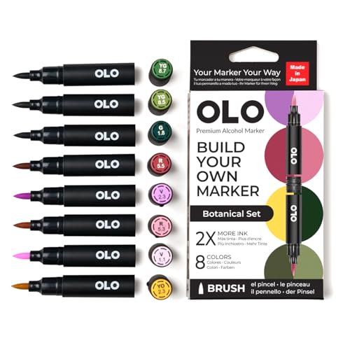 OLO Botanical Set de 8 marqueurs à alcool à pointe pinceau personnalisables avec un débit d'encre innovant Marqueurs professionnels à double pointe pour illustration, croquis, dessin, manga, artisanat
