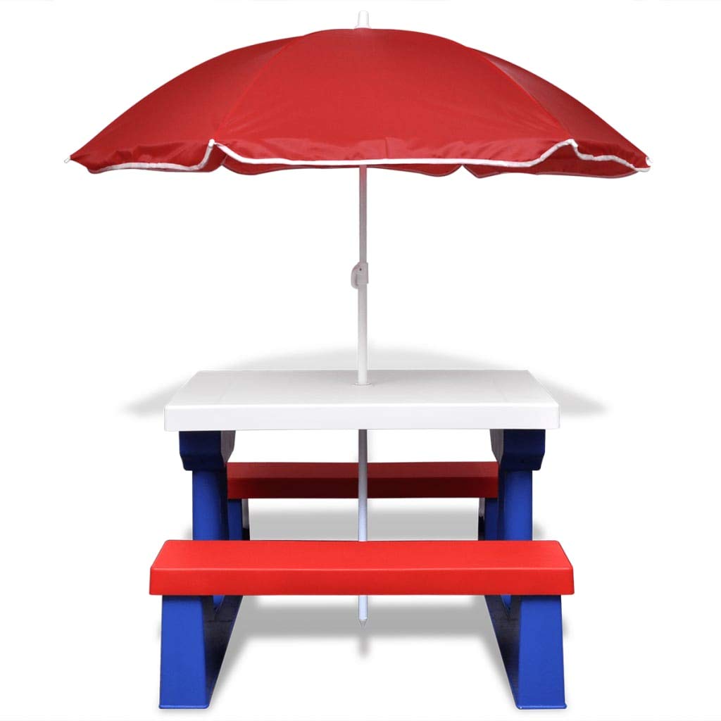 Tavolo da picnic per bambini 2 in 1 con panche e ombrellone, multicolore, robusto set da tavolo per giochi all'aperto e picnic