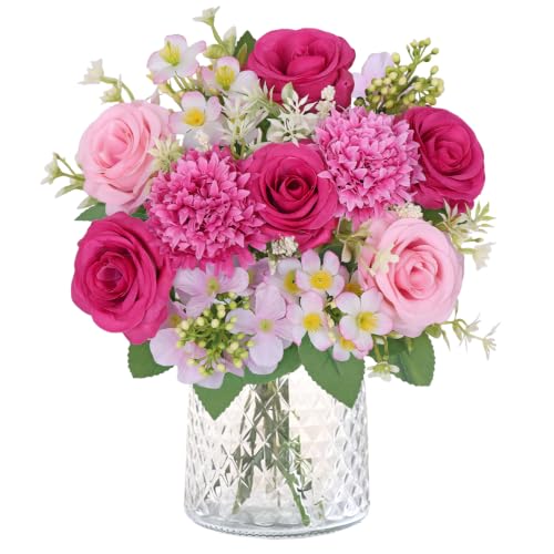 Image of Weldomcor 2 Bunches Pink Artificial Flowers, Fake Roses Flowers Faux Silk Hydrangea Flower Bouquets for Vase DIY Arrangement Wedding Bridal Bouquet Party Centerpiece Home Decor (Rose Red)