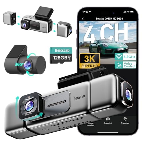 BOTSLAB 3K 4 Channel Dash Cam, 560° All-Sides View, Front and Rear Inside Car Camera with 3.18”Touch Screen, Dash Camera 24/7 Parking Mode, Built-in GPS 5.8GHz WiFi Voice Control, Free 128GB Card