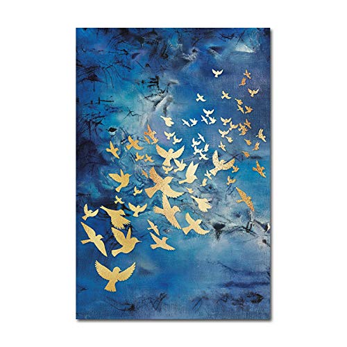Décoration murale maison triptyque abstrait oiseau d'or 3 toiles 50x70cm