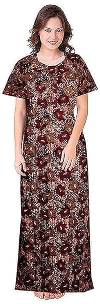 Image of NILOUFO Women's Cotton Printed Maxi Nighty - Pack of 2 | Soft Ankle-Length Sleepwear Gowns for Women | Free Size Night Dresses (Blue,Brown, Free Size)