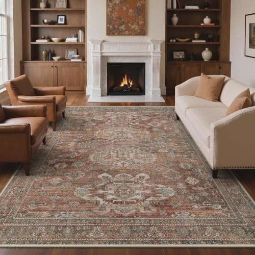 Bavni 8x10 Washable Area Rug for Living Room, Non Slip, Brick