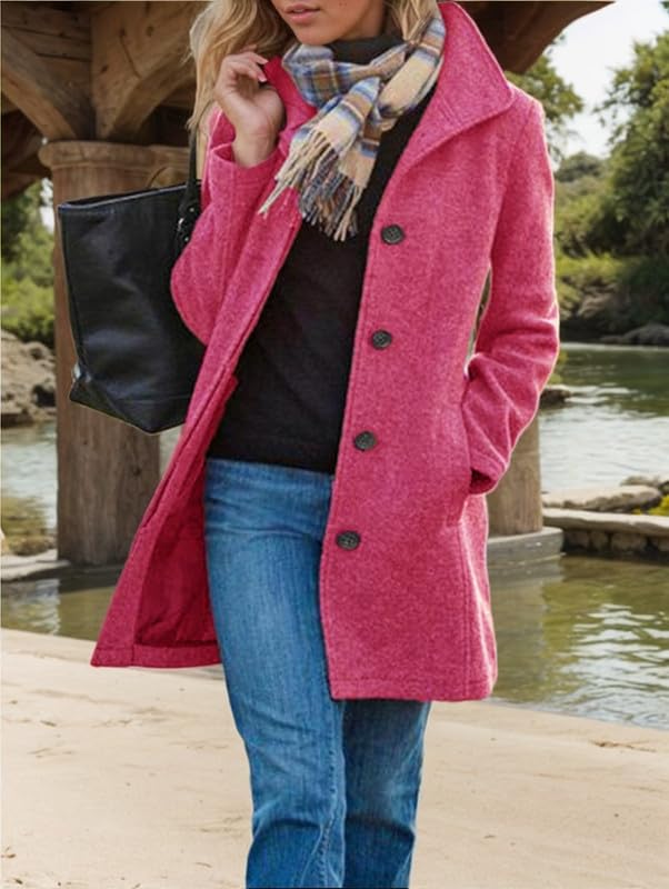 Women's Casual Thicken Single Breasted Pea Coat Stand Collar Mid Long Coats Blazer Jacket with Pockets2