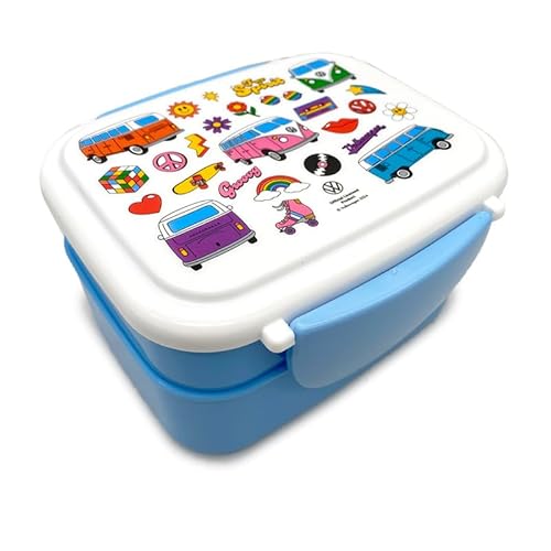 Puckator Volkswagen VW T1 Camper Bus Retro Clip Lock Stacked Bento Lunch Box with Cutlery - Boxes for Adults with Compartments Fork & Spoon Snack Box Food Containers with Lids Stackable Pots for Kids