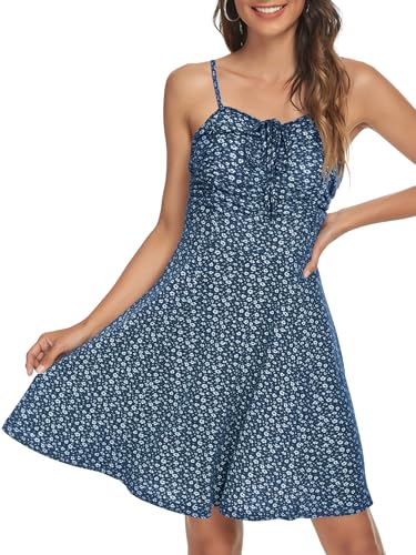Image of Missufe Spaghetti Strap Floral Mini Dress Women's Casual Ruched Front Drawstring Swing Sundress