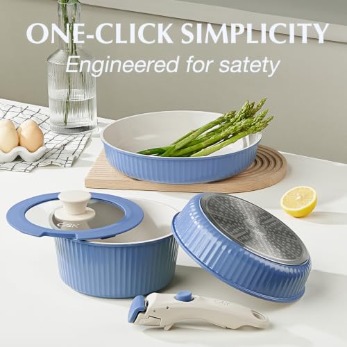 Image of KOCH SYSTEME CS 5 Pcs Ceramic Cookware Set with Detachable Handle, Nonstick Pots and Pans Set, Induction Compatible Dishwasher Safe Pots and Pans, Stackable Space Saving Kitchen Set, Non Toxic, Blue