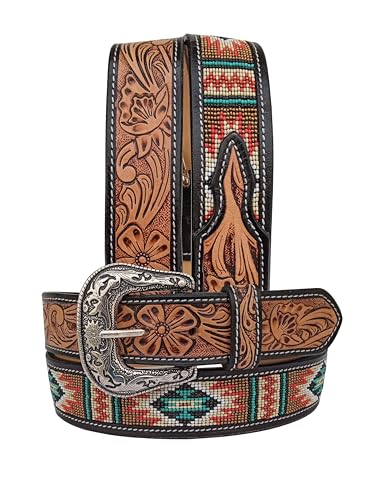 Western Tooled Leather Beaded Belt For Men and Women 30IS114