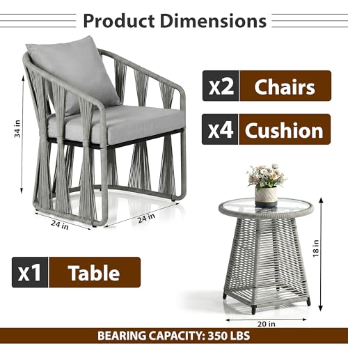 Image of BRISHI 3 Piece Outdoor Patio Furniture Set | Two Seater Woven Rope Patio Chairs with Cushions & Glass Table | All Weather Garden Balcony Conversation Set for Porch, Lawn, Poolside, Backyard (Grey)
