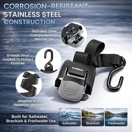 Retractable Boat Transom Tie Down Straps, 2-Pack 2x43in 2500lb | 833 lbs safe working load limit; trailer ratchet straps for brackish or saltwater environments and secure boat towing. - Image 3