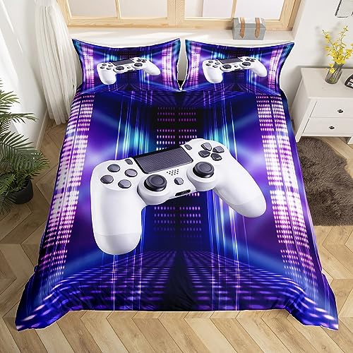 Loussiesd Gamer Bedding Set Single Boys Teenage Gaming Modern Vr Player Bed Cover For Teens Duvet Cover Play Joystick Home Bedroom Decor White Gamepad Blue Purple