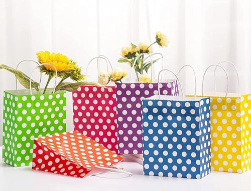Image of RanGit Bhumi Gift Bags- 10 pcs 8x4x10 inch Polka Dots Small Paper Bags with Handles, Party Favor Candy Goodie Treat Bags, Paper Carry Bags for Birthday, Wedding, Baby Shower Return Gifts (Small-Polka Dots, Pack of 10)
