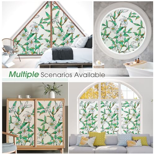 Image of Coavas Floral Stained Glass Privacy Window Film for Bathroom | 96% UV & Heat Blocking, Non-Adhesive Removable, Floral Design, for Front Door Shower Enclosure, White, 17.5 inch X 78.7 inch