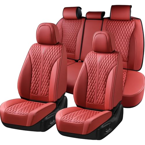 Image of Coverado Car Seat Covers Full Set, Red Car Seat Cover, Luxury Leather Seat Covers for Cars, Waterproof Front and Back Car Seat Protector, Car Seat Cover Universal Fit for Most Cars