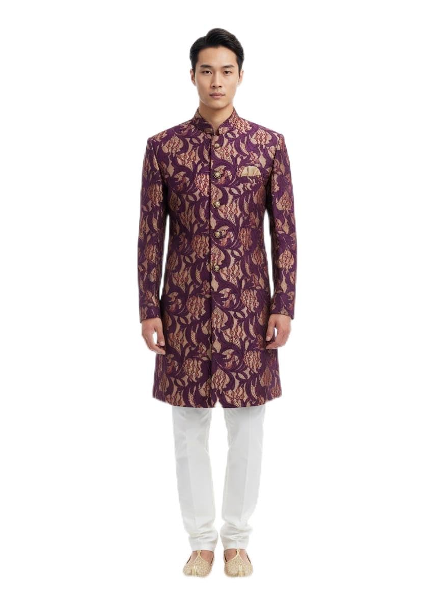 Traditional Indo Western Sherwani Kurta, Gold Paisley Brocade Pattern, Mandarin Collar, Long Length, Formal Ethnic Wear-image-37