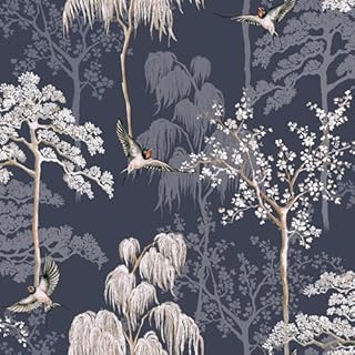 Arthouse Japanese Garden Blue Wallpaper 908106 - Oriental Birds Trees Blossom