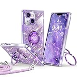 XYZ for iPhone 13 Case, Glitter Bling Phone Cover with 2-Ring Heart Stand & Lanyard, Women Girls Luxury Rhinestone Shockproof Protective Case for iPhone 13, Purple