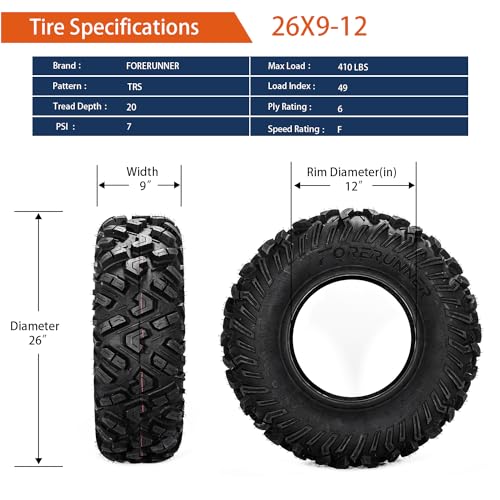 Image of FORERUNNER 26x9-12 ATV Tires, All Terrain TRS (Pack of 2, Tubeless) | FORERUNNER 6PR 26x9-12 ATV UTV Trail Mud Sand Off-Road Tires