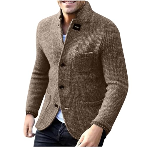 Men's Blazer Collar Casual Long Sleeve Cardigan Open Front Sweater Stand Collar Button Knit Sweaters with Pockets