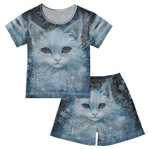 senya Short Sleeve Pajamas Sets Summer Cotton Sleepwear White Snow Cat