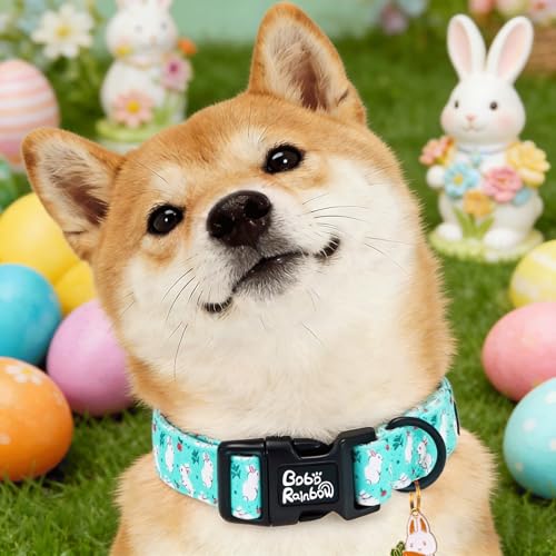 Image of Dog Collars, Easter White Rabbit Print Blue Pet Collar Holiday Cute Durable Adjustable Pendant Gift Collar with Quick Release Plastic Buckle for Large Dogs