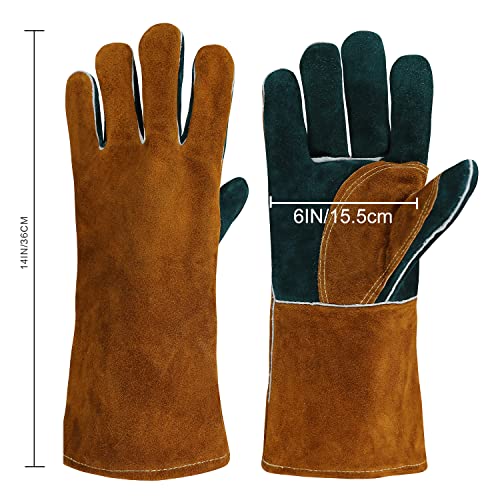 Olson Deepak Welding Gloves Heat Resistant Baking Grill Gloves Welder Fireplace Stove Glove (Brown&Green-14Inch) #TOP4