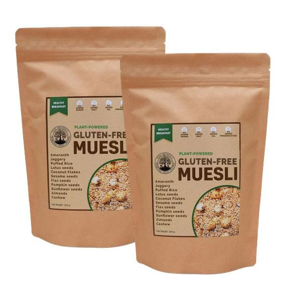 Gluten-Free Plant-Powered Muesli (Pack Of 2 × 200 g), Sweetened Using Jaggery, Vegan | Handmade Wholegrain Breakfast Cereal | No Added Sugar, No Added Artificial Flavors & Preservatives
