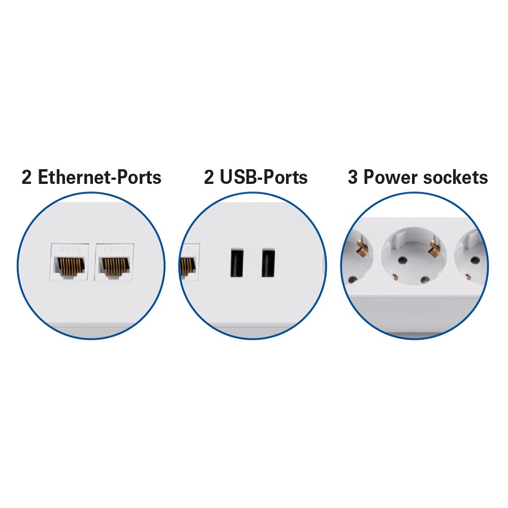 maxtrack Tischsteckdose NV62L 3-Fach Schutzkontakt mit 2X USB und 2X LAN Anschluss, Mehrfachsteckdose für Zuhause mit Tischbefestigung, Knopf zum EIN- und Ausschalten, Steckdosenleiste mit 1,8m Kabel