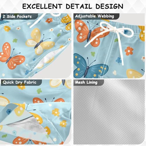 Pigsaly Boys Swim Trunks Cartoon Flowers Butterfly Teal Blue Boys Board Shorts Swimsuit Swimwear Summer Bathing Suit 2T3