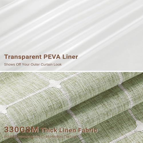 Image of BTTN 3 in 1 Shower Curtain with PEVA Liner, Sage Green Boho Linen Fabric Shower Curtain Set with Plastic Hook, Farmhouse Bohemian Country Cute Waterproof Cloth Shower Curtain for Bathroom, 72x72