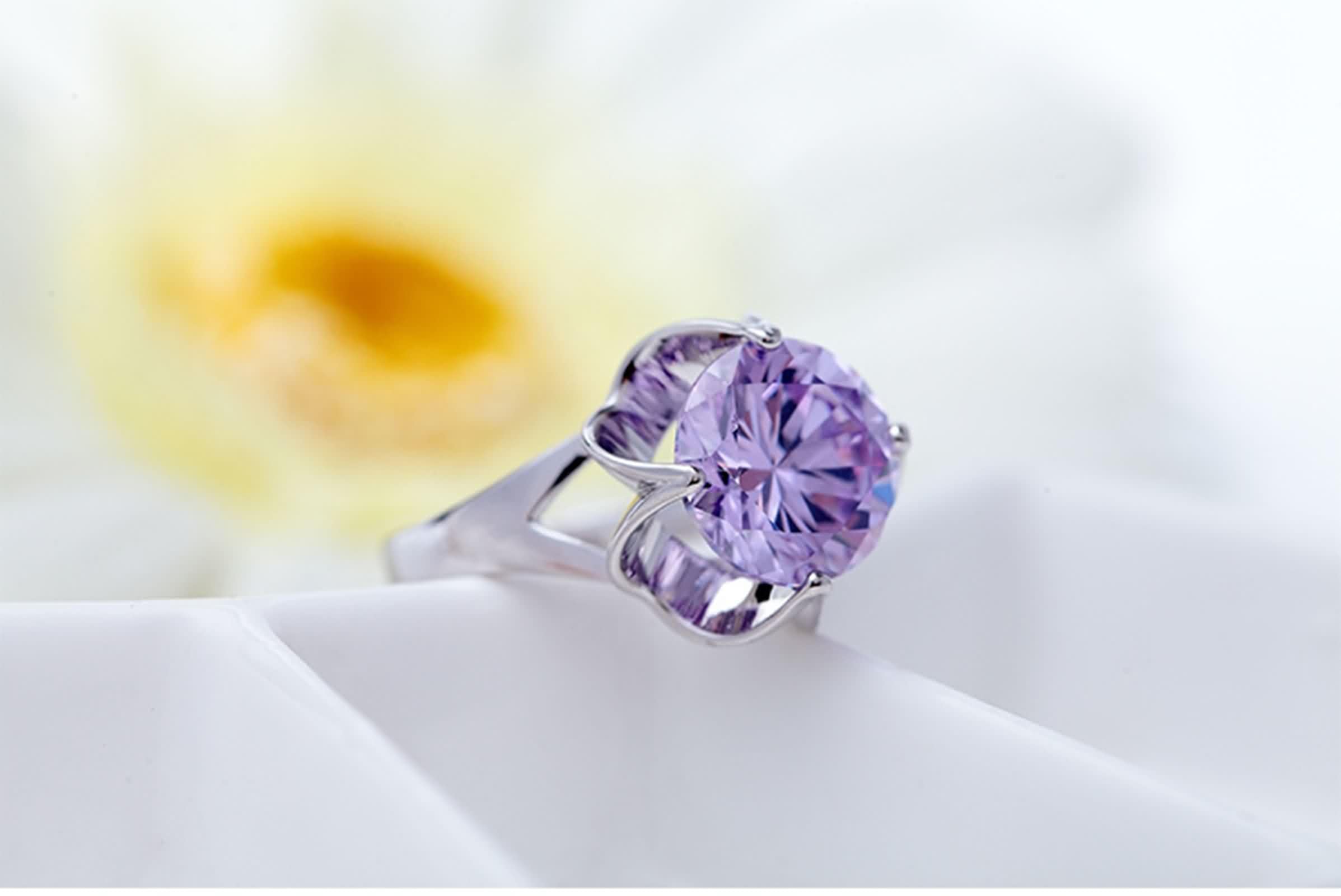 Anillos de boda simples para mujer, oro amarillo de 14 quilates con amatista, anillos de oro redondos solitarios para mujer, talla 4-11