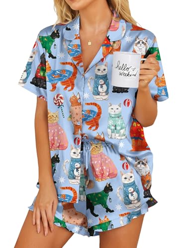 Image of Ekouaer Womens Satin Pajamas Set Button Down 2 Piece Silk Pjs Shorts Set Ruffle Lingerie Notch Collar Sleepwear