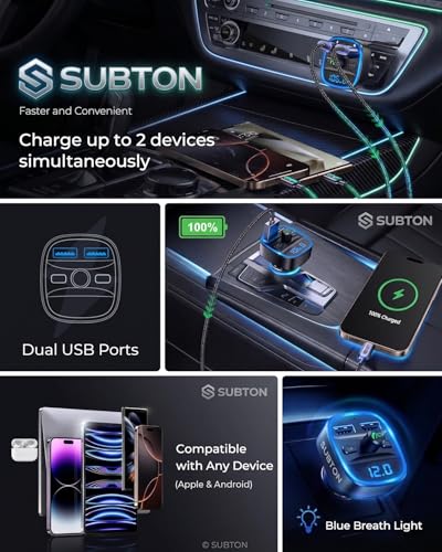 Image of Mobile Charger for Car with Bluetooth 5.0 FM Transmitter, FM Radio Hands-Free Calling, 3.1A Dual USB Fast Charging, Real-Time Car Battery Voltage Display,Supports USB Drive MP3 Playback