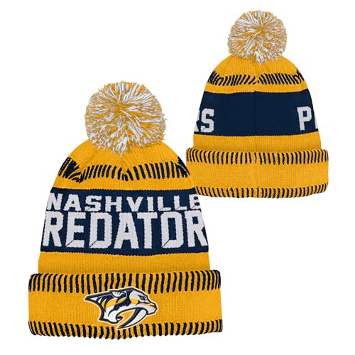 Outerstuff NHL Kids Youth 8-20 One Size Team Color Primary Logo Sports Tech Knit Cold Weather Hockey Pom Beanie Hat - Nashville Predators - Yellow