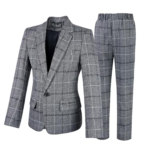 LOLANTA Kinder Grau Anzug, 2-teiliges festliches Set für Jungen, Hochzeits-Party-Outfits, Karierter Blazer und Hose, Abschlussball-Anlasskleidung, Dunkelgrau, 6-7 Jahre, 120