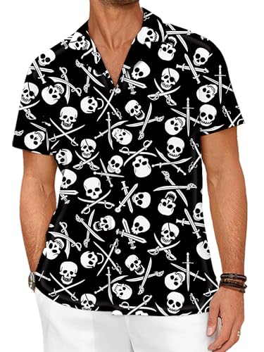 Pirate Shirt for Men Skull Hawaiian Button Up Shirts Short Sleeve