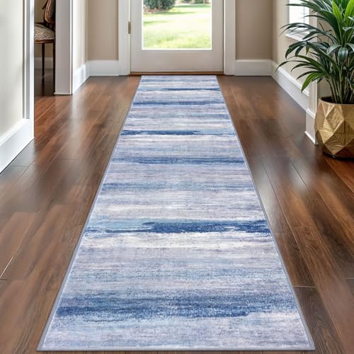 KOZYFLY Modern Abstract Hallway Runner Rug, 2x8 Washable Rug Runner Non-Slip Soft Striped Kitchen Runner Rugs, Print Distressed Blue/Grey/Beige Carpet Runner for Entryway Bathroom Laundry Room Foyer