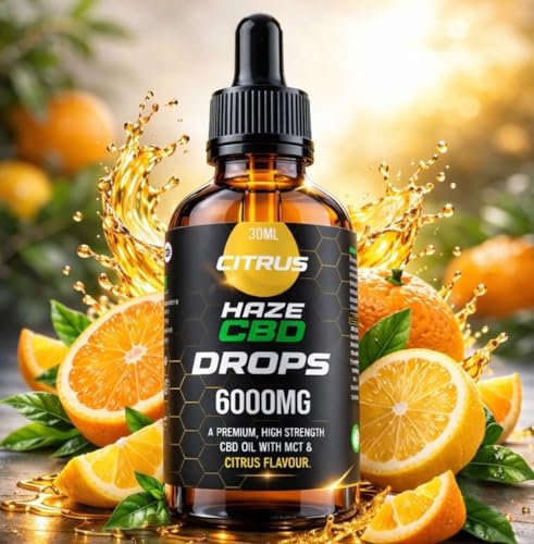 Haze CBD 6000mg CBD Oil 30ml High Strength CBD Oil - Premium CBD Oral Drops 100% Natural Flavour Broad Spectrum CBD with MCT Oil THC Free Wellness & Daily Balance Support (Citrus)