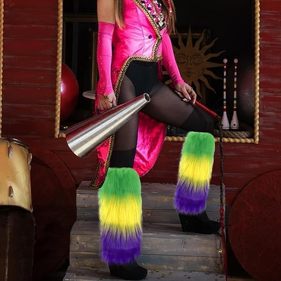 Fuzzy mardi gras Leg Warmers, Women's Purple Green Yellow Faux Fur Leg Covers - mardi gras Outfit for Women mardi gras Costume Accessories Carnival Heels Long Boots Cuff Cover for Party Dress Up - Image 6