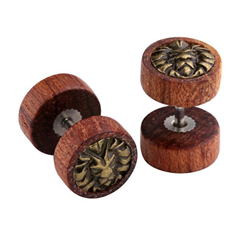Jovivi 3pairs Organic Sono Wood Lion Head/Tree of Life Cheater Fake Ear Plugs Gauges 10mm Illusion Screw Stud Earrings for Women Men4
