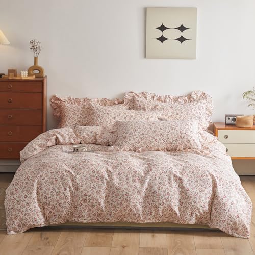 VM VOUGEMARKET Girls Duvet Cover with Pink Red Flower Pattern 100% Cotton Elegant Floral Bedding Set Queen Cottagecore Comforter Cover Set with Ruffle Pillowcases(3 pcs,90x90 Inch)