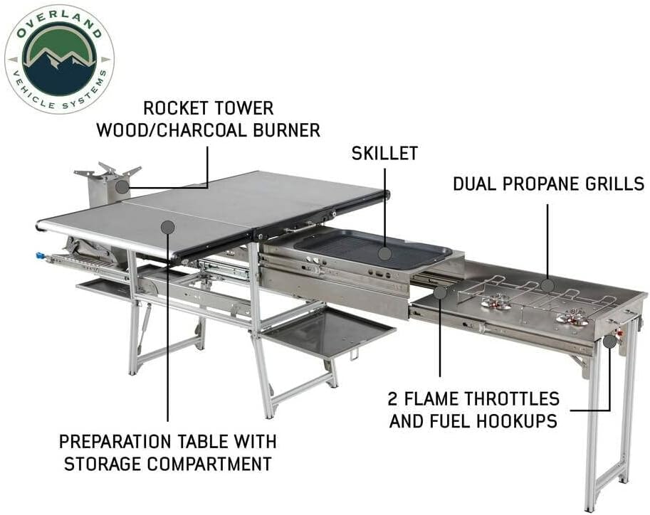 Overland Vehicle Systems Komodo Camp Kitchen - Dual Grill, Skillet, Folding Shelves, and Rocket Tower - Marine Grade Stainless Steel and Aircraft Grade Aluminum Construction