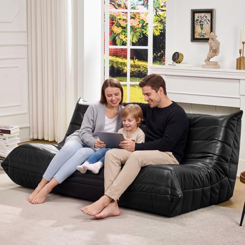 Image of Hobestluk Bean Bag Chair Giant Bean Bag Sofa 3 Seater Bean Bag Chairs for Adults, Loveseat Floor Chair, Leather Bean Bag Chairs for Living Room Bedroom Office (Black, 3-Seater)
