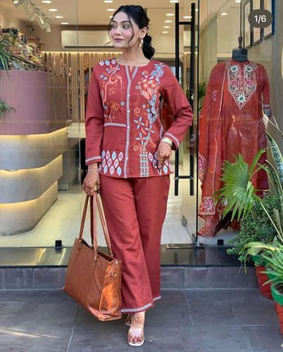 Image of SOFIYA'S TREND Women's Cotton Embroidery Straight Kurti with Pant Set